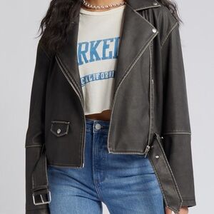 NEW Blank NYC Distressed Belted Faux Leather Belted Moto Charcoal Jacket XS